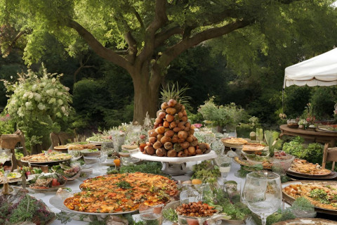 Een feesttafel vol kleurrijke gerechten in een plantentuin